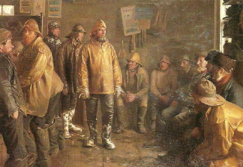 Michael Ancher i kobmandens bod en vinterdag, nar der ikke fiskes